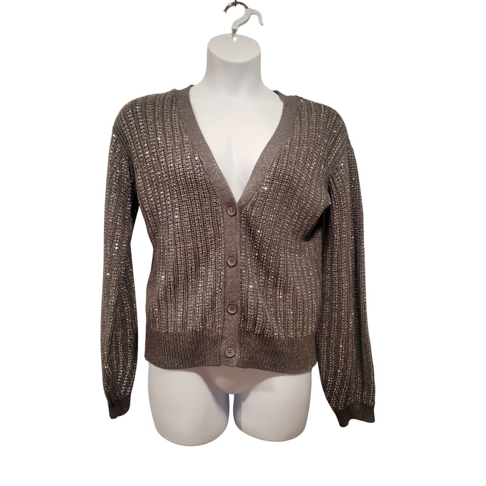 INC Women L Rhinestone Studded Gray Cardigan Whimsy Career Date‎ Night Glam Sexy